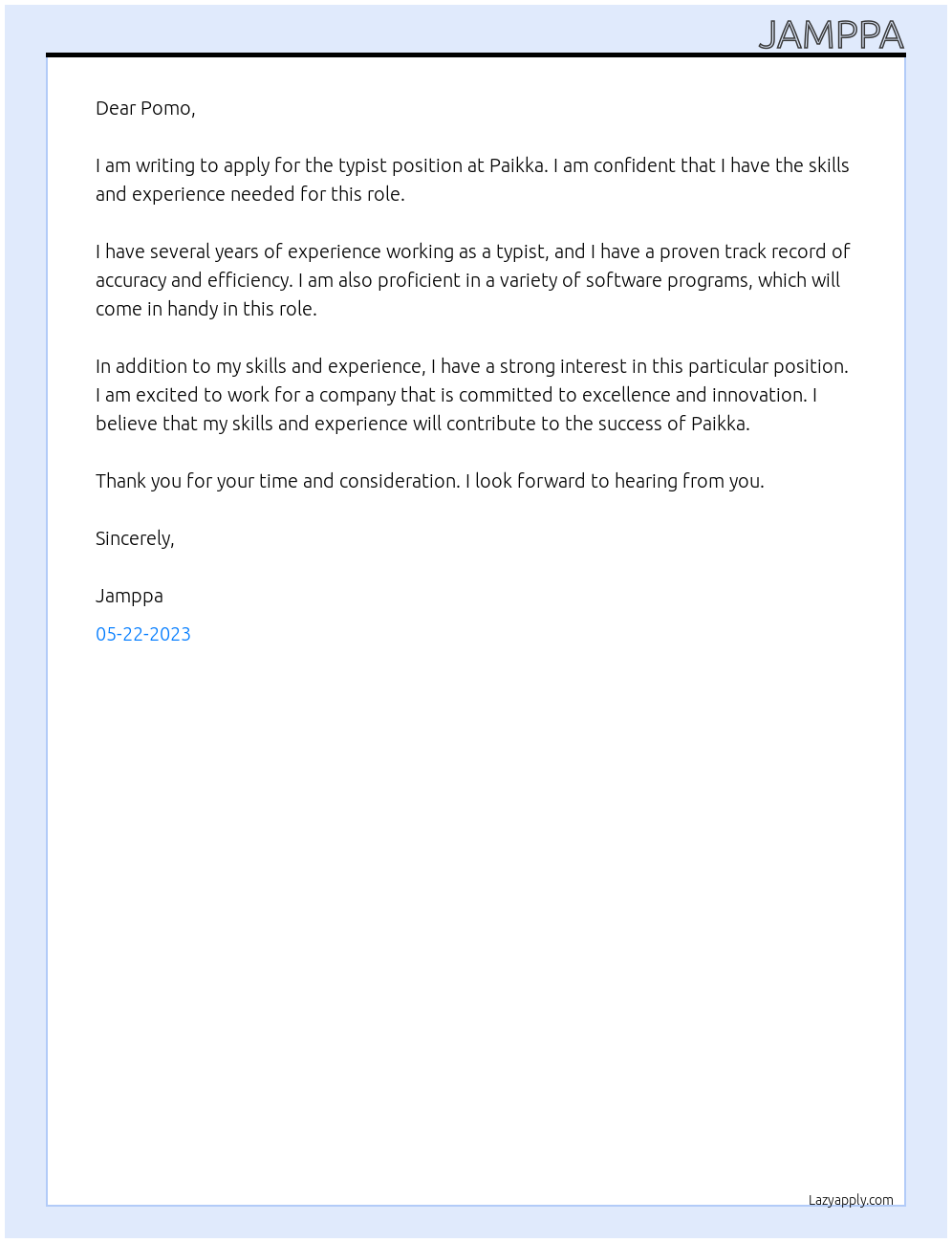 Typist At Paikka Cover Letter