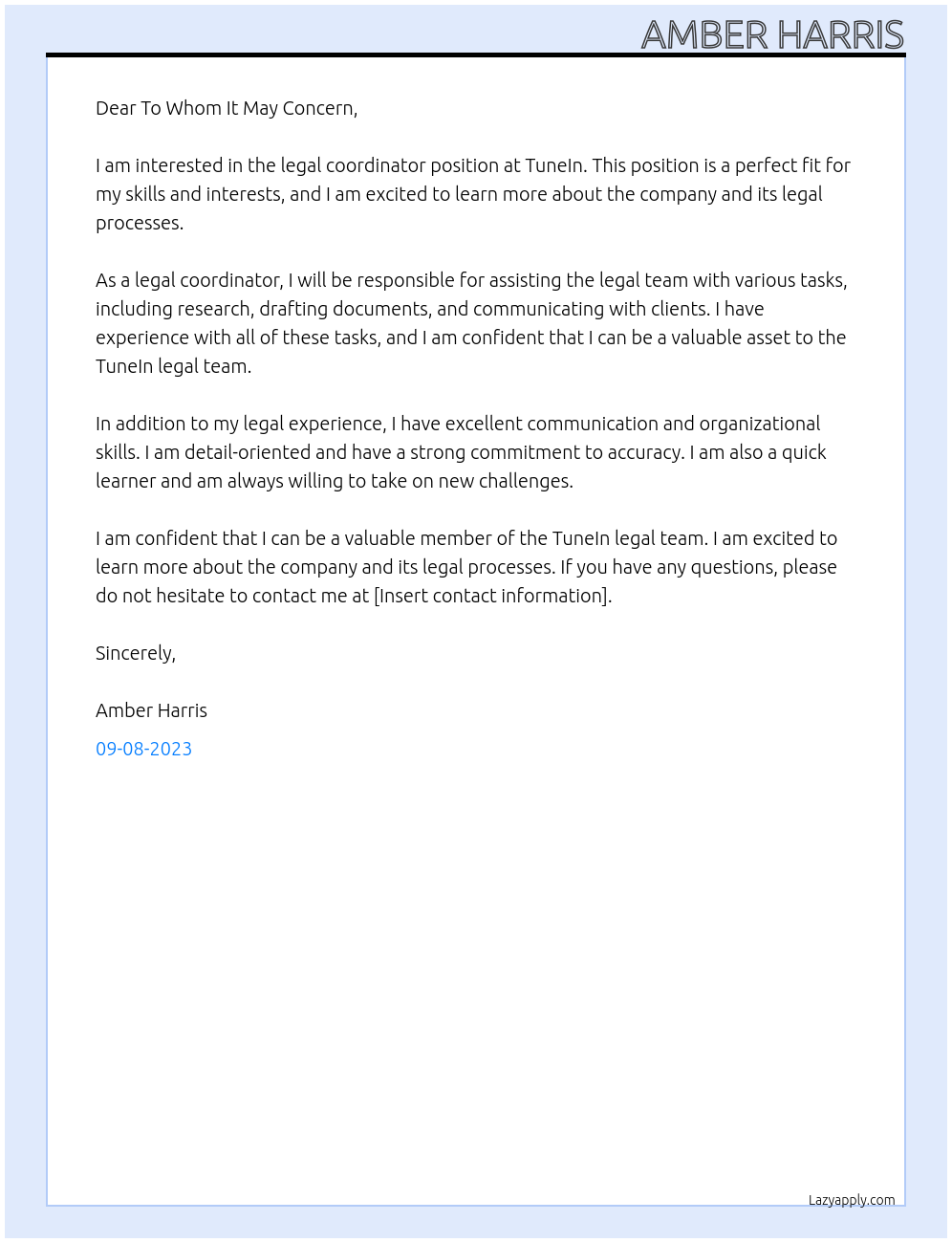 Legal Coordinator At TuneIn Cover Letter