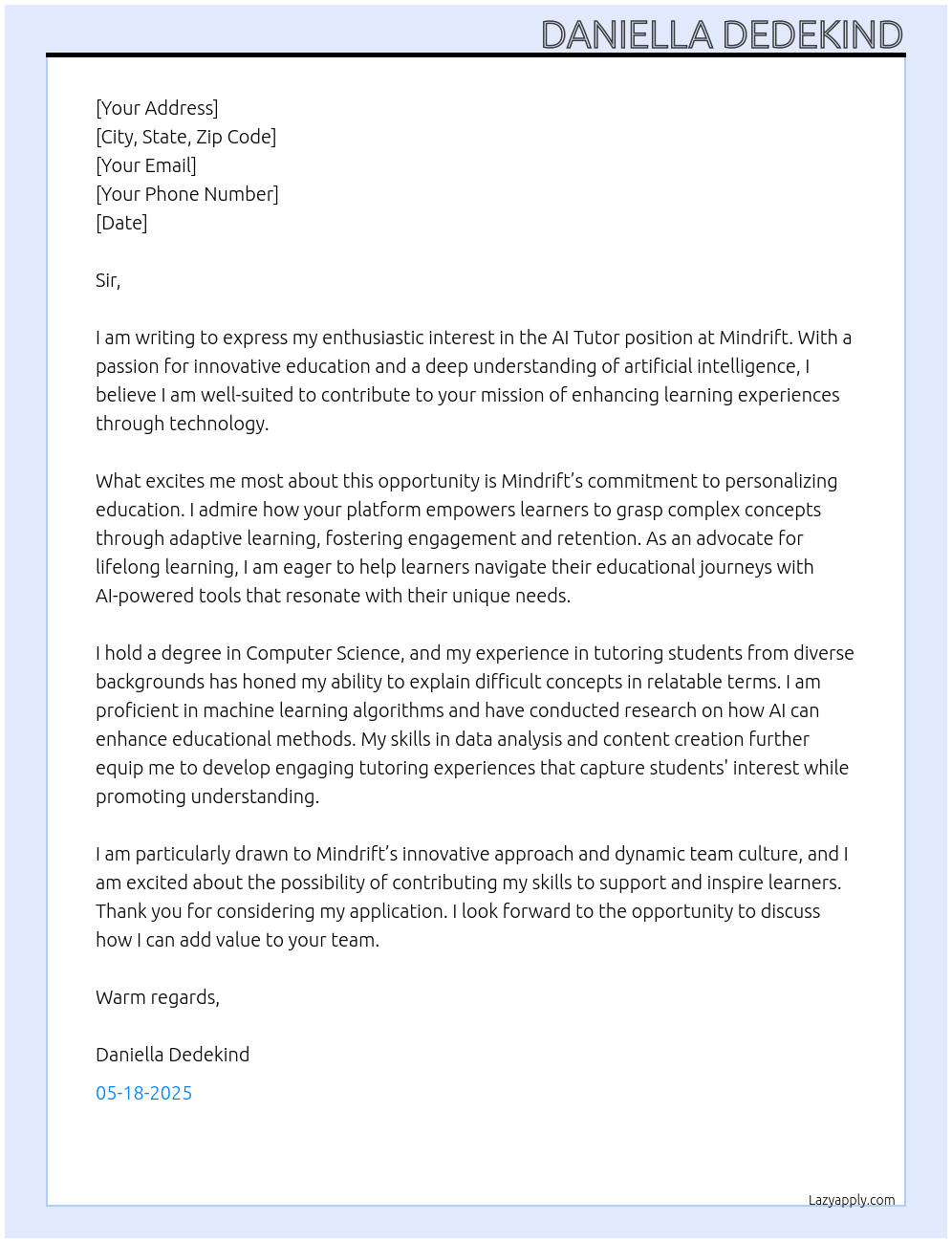 AI tutor At Mindrift Cover Letter