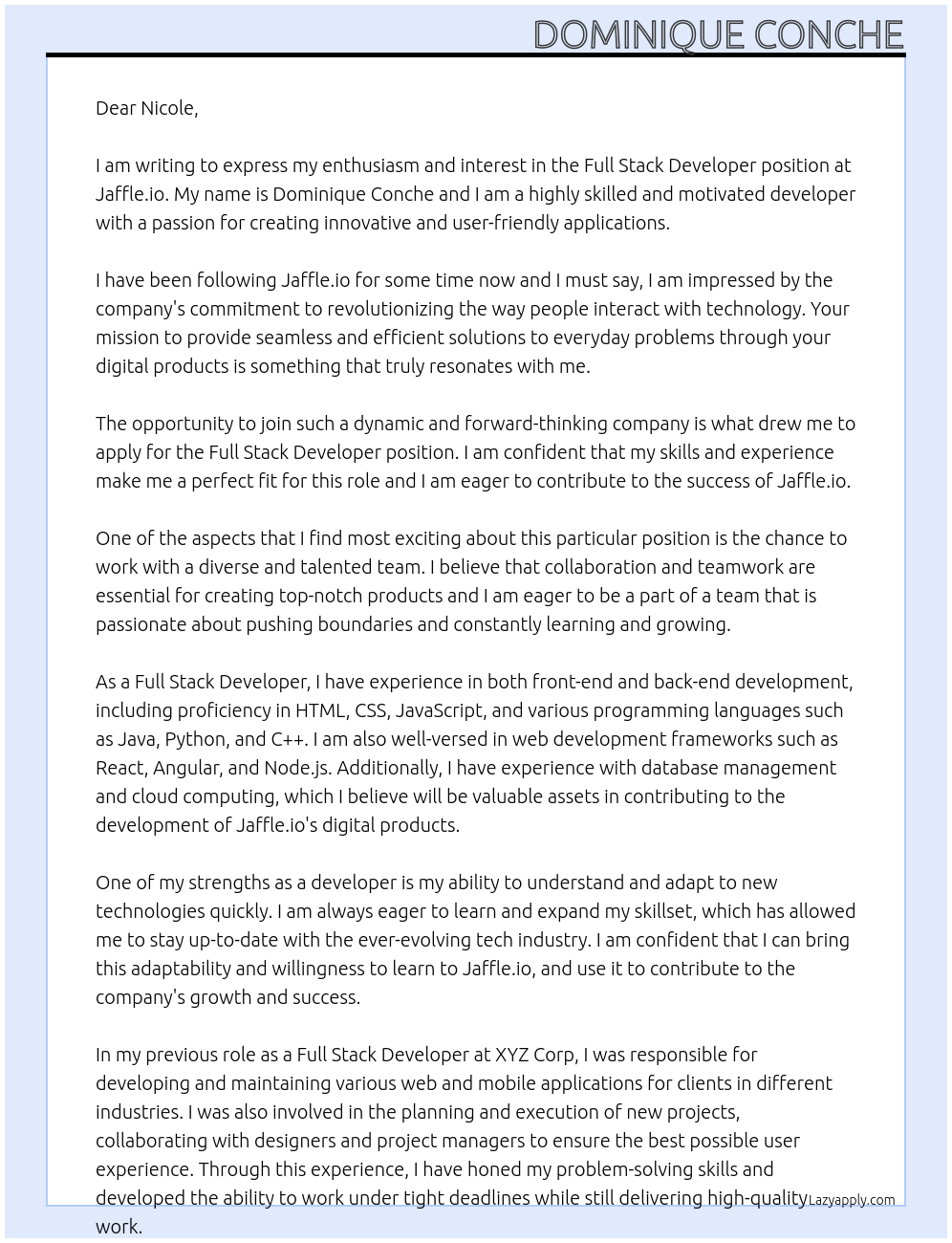 Full Stack Developer At Jaffle.io Cover Letter
