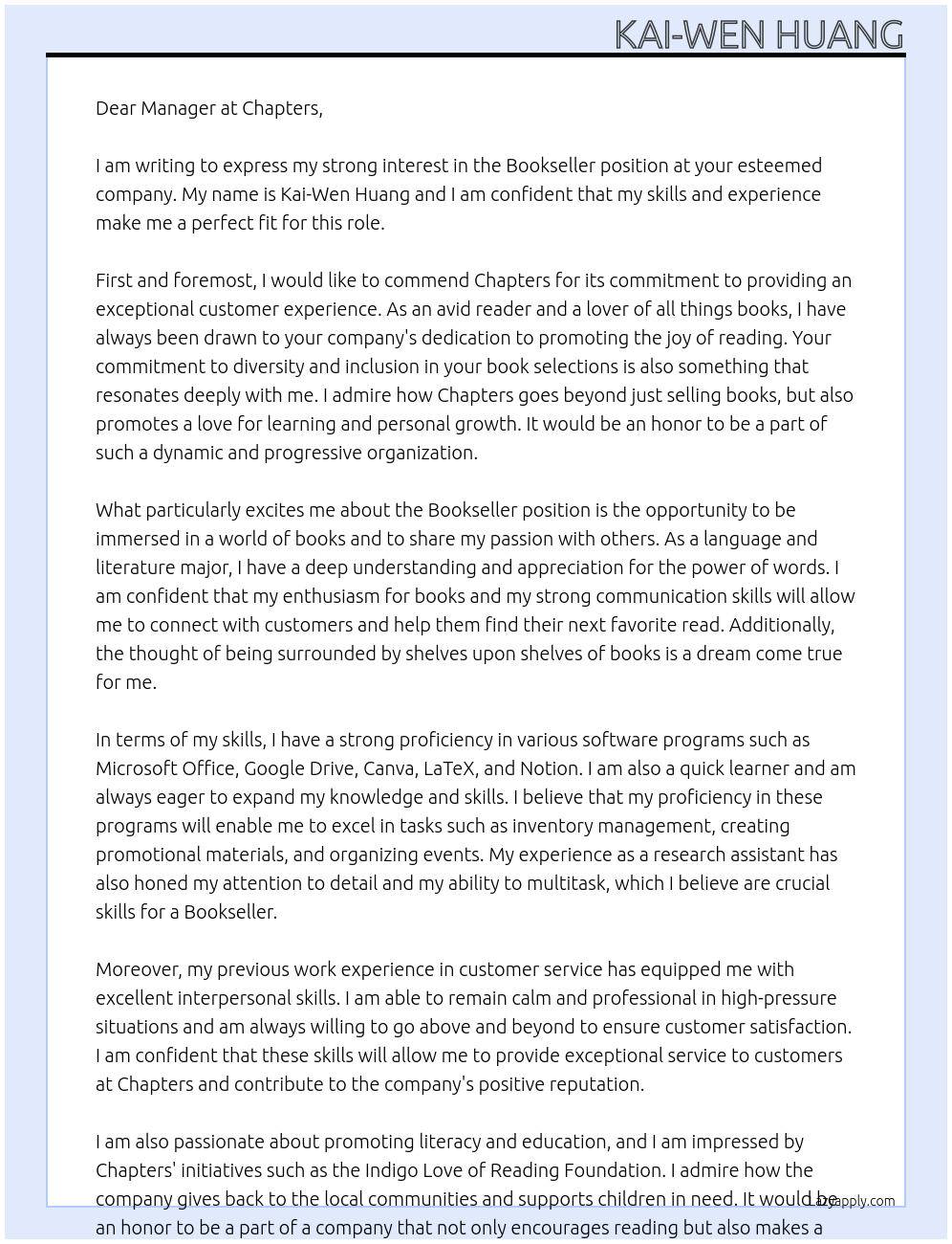 Bookseller At Chapters Cover Letter