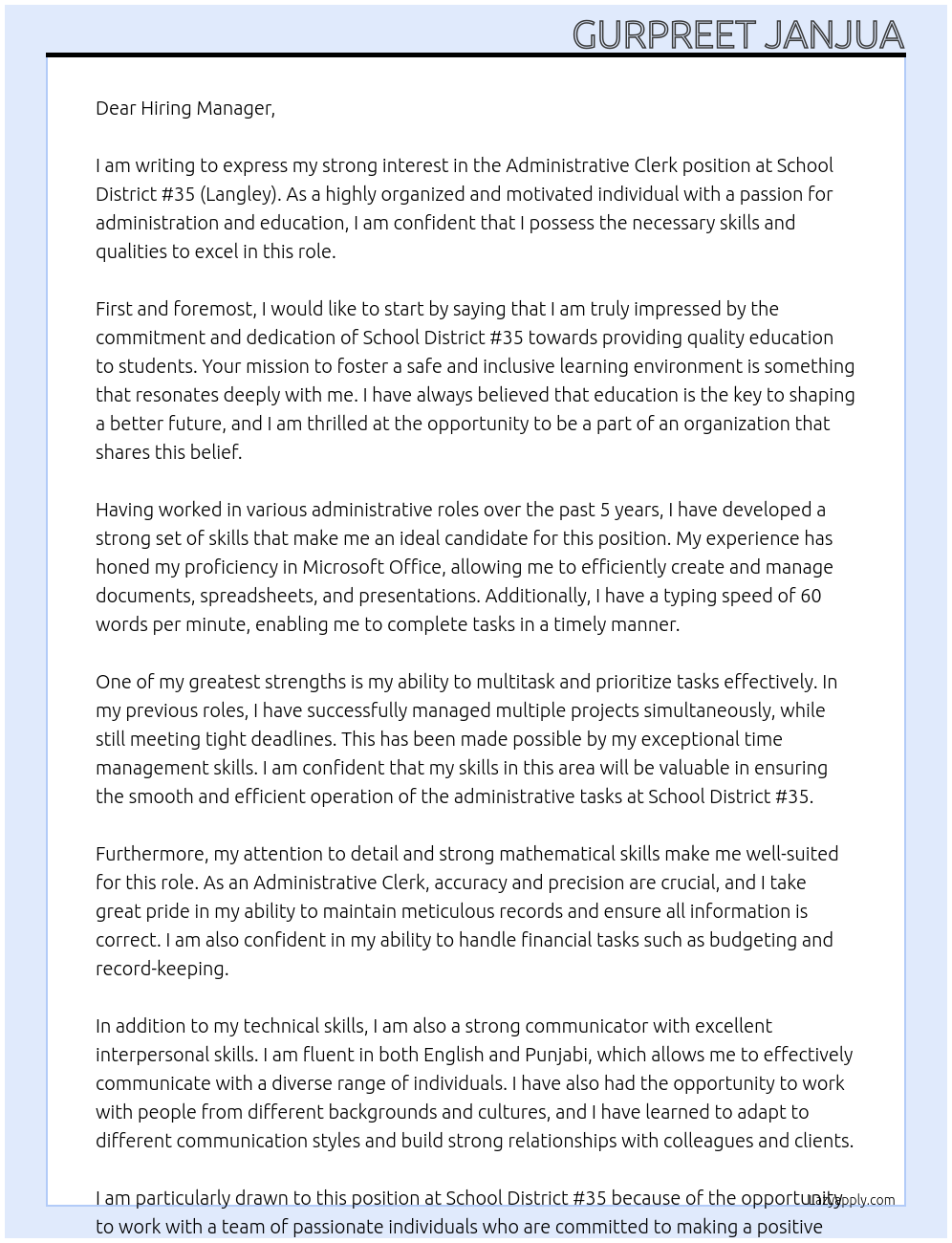 Administrative Clerk At School District #35 (Langley) Cover Letter