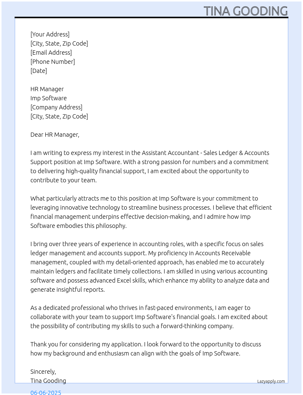 Cover letter for assistant accountant - sales ledger & accounts support - LazyApply