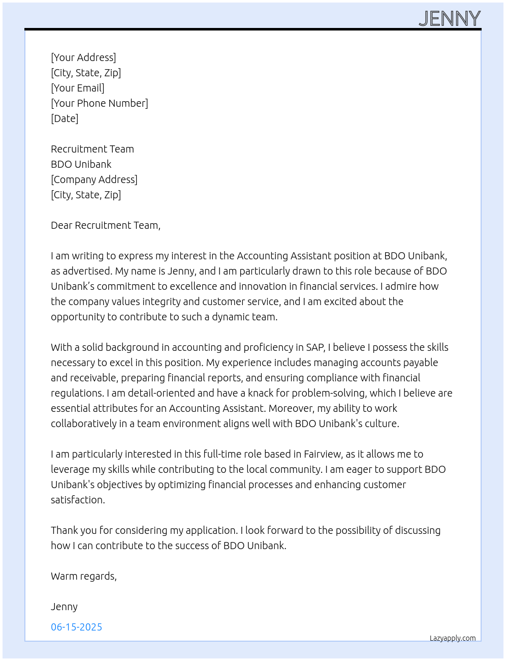 Accounting Assistant At BDO Unibank Cover Letter