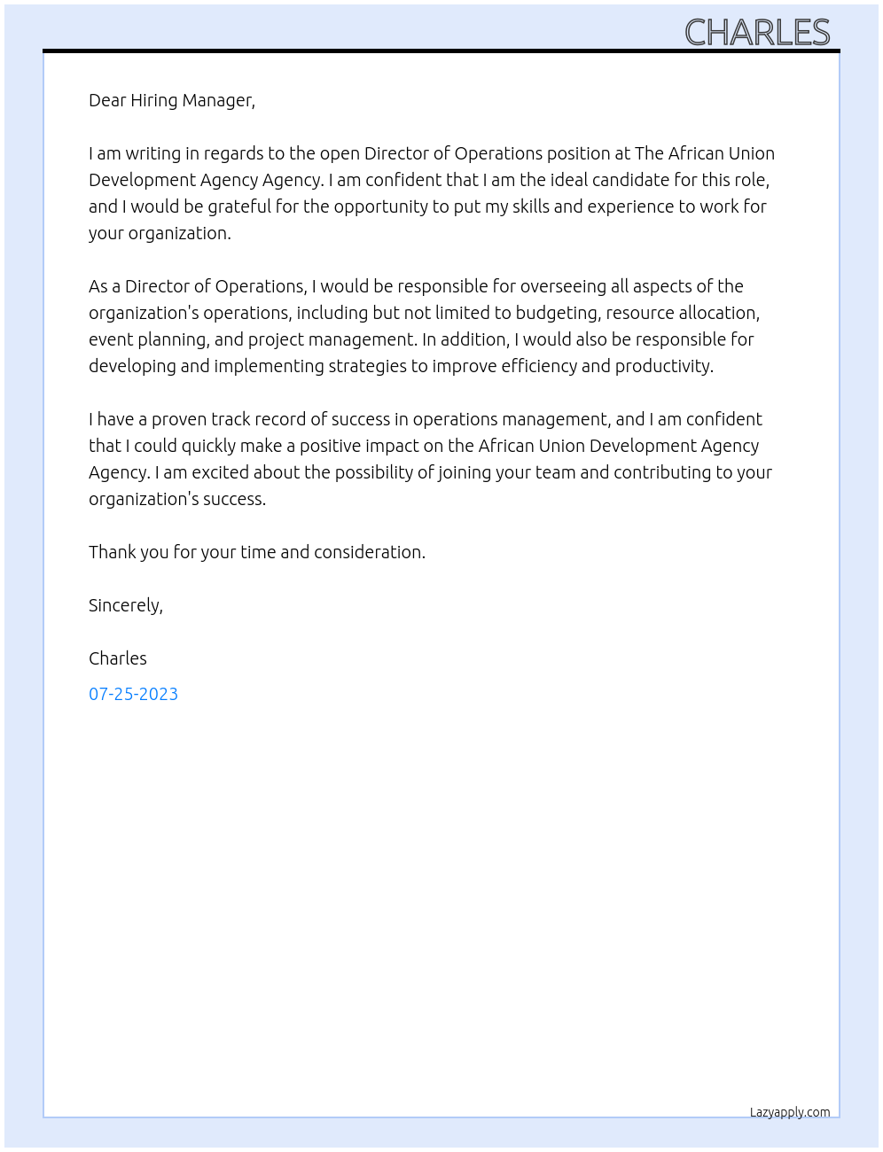 Director of Operations At The African Union Development Agency Agency Cover Letter