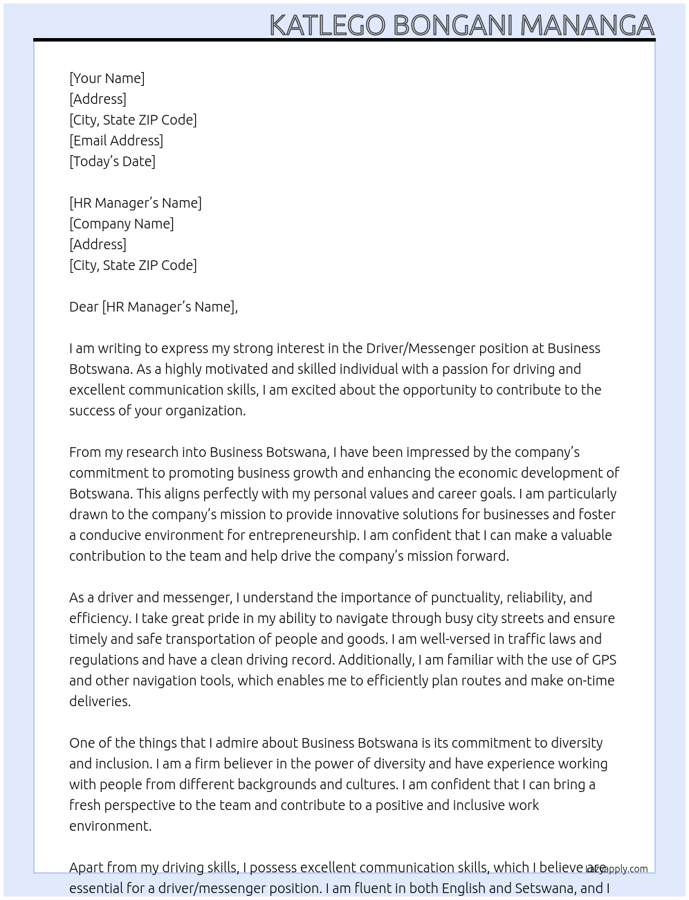 Driver/Messenger At Business Botswana Cover Letter