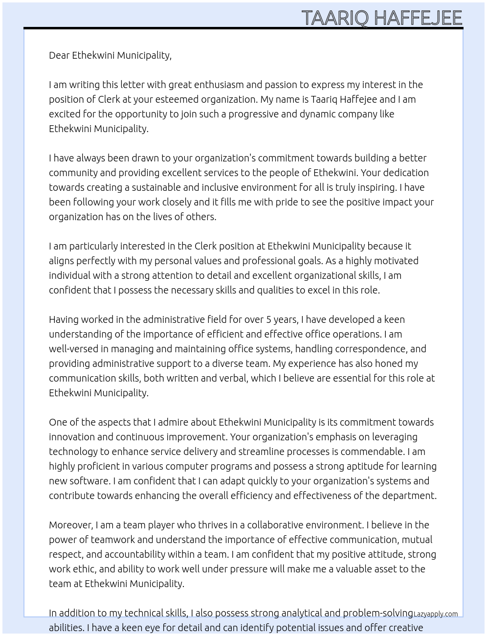 Clerk At Ethekwini Municipality Cover Letter