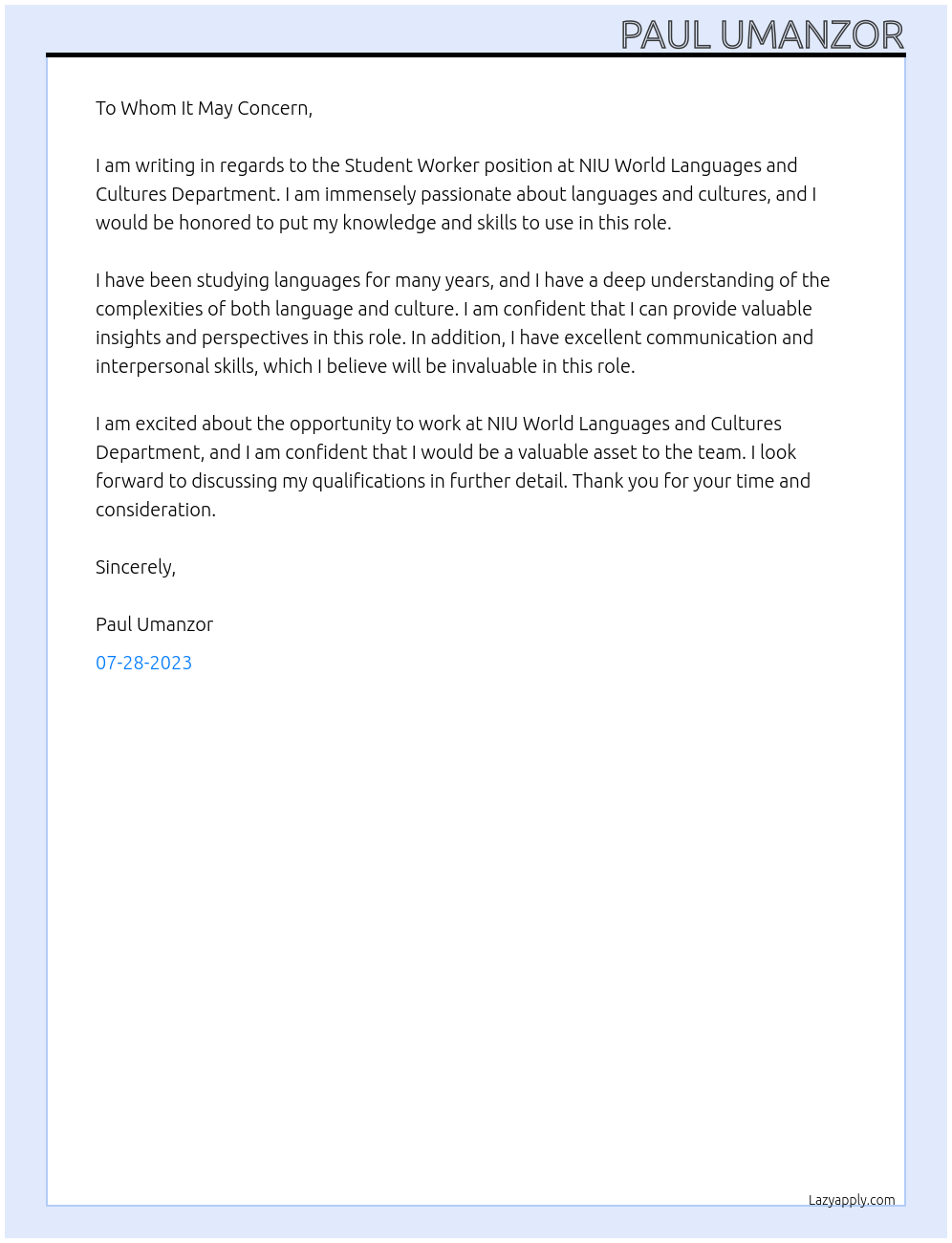 Student Worker At NIU World Languages and Cultures Department Cover Letter