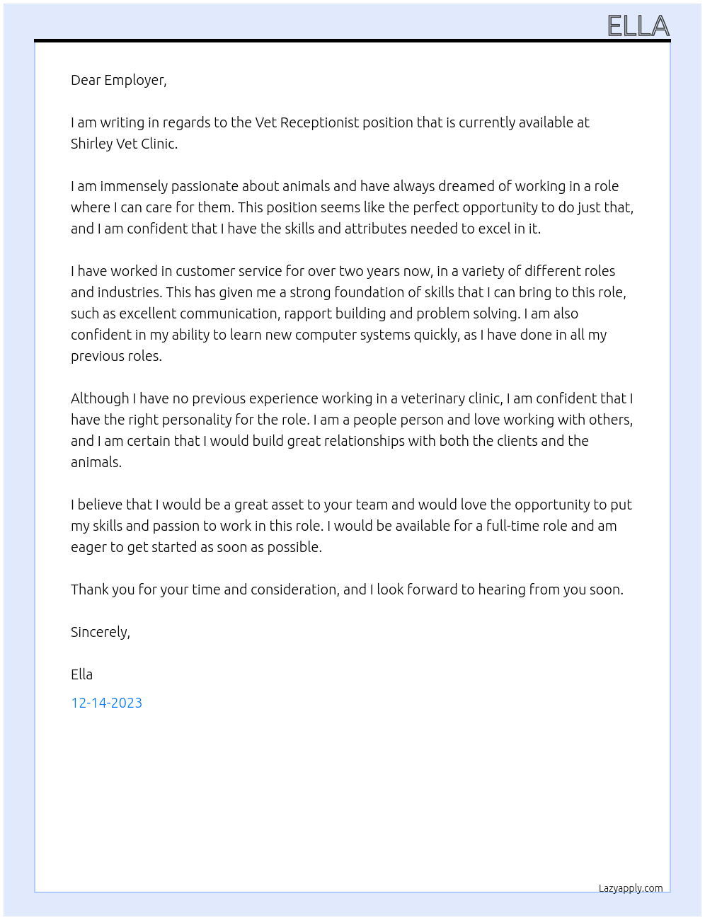 Vet receptionist  At Shirley vet clinic Cover Letter