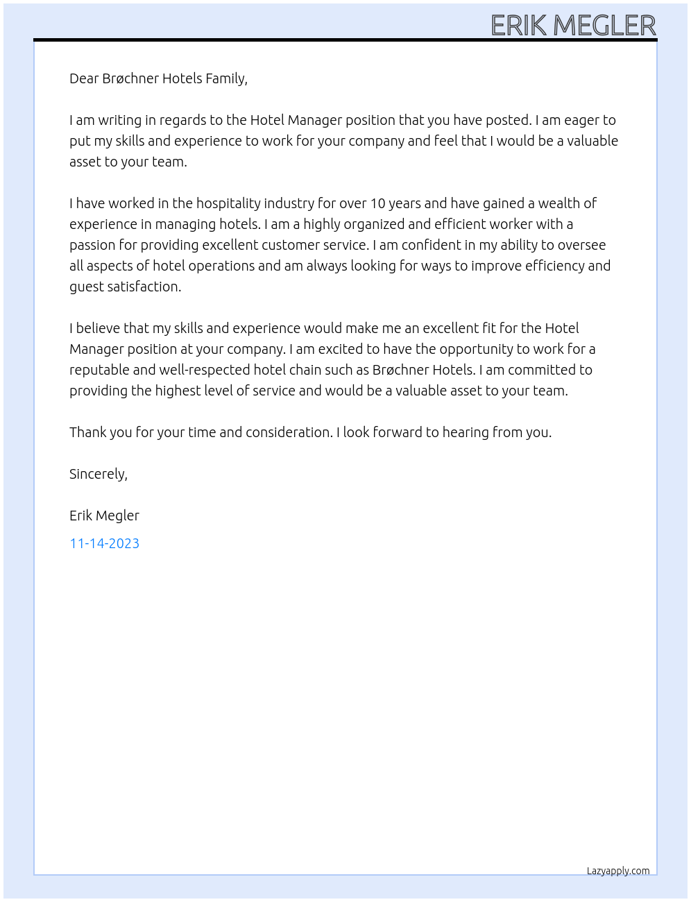 Hotel Manager At Hotel Danmark Cover Letter