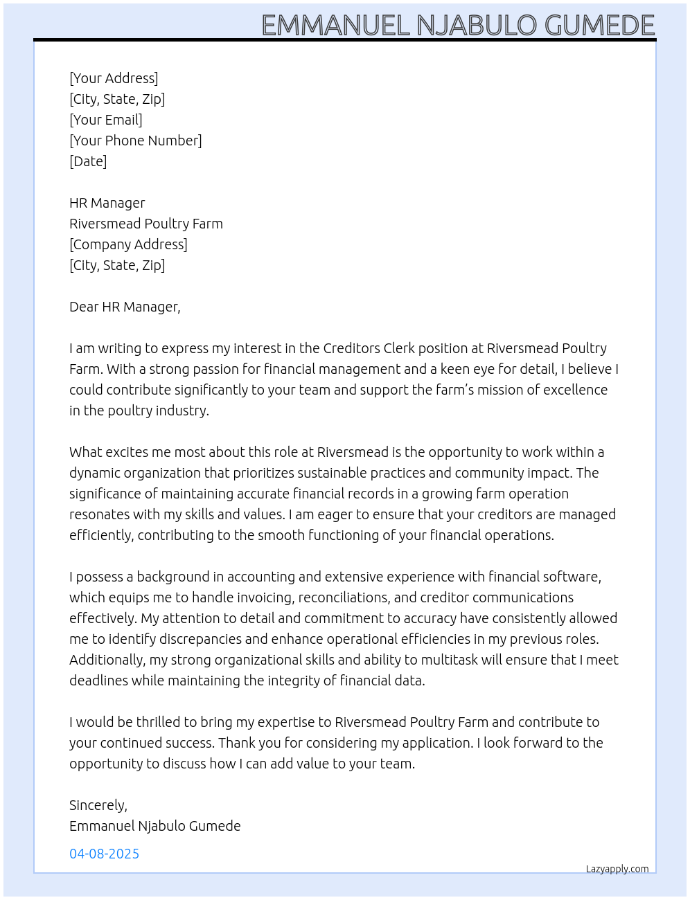 creditors clerk At Riversmead Poultry Farm Cover Letter