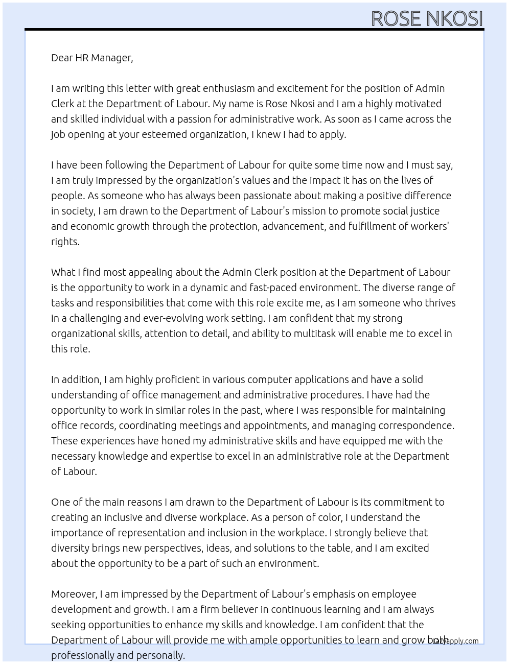 Admin clerk At Department of Labour Cover Letter