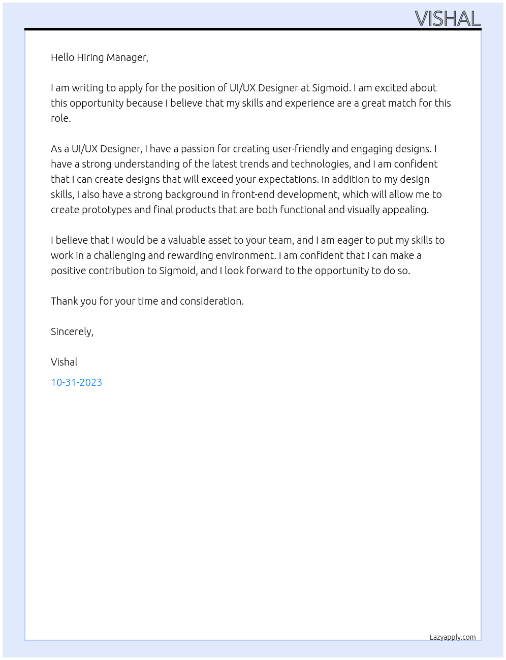 UI/UX Designer At Sigmoid Cover Letter
