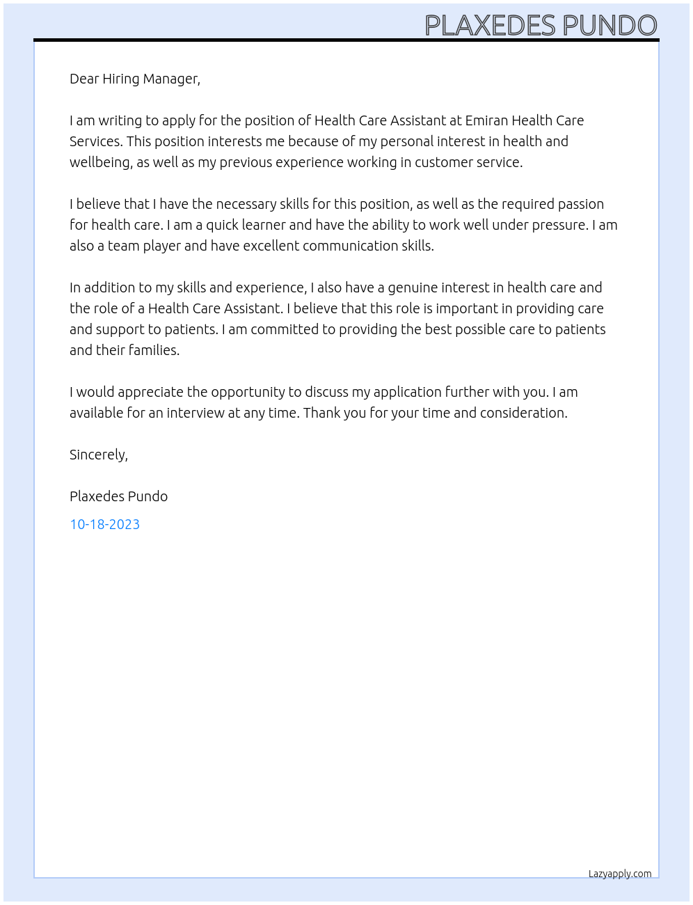 Health Care Assistant At Emiran Health Care Services Cover Letter