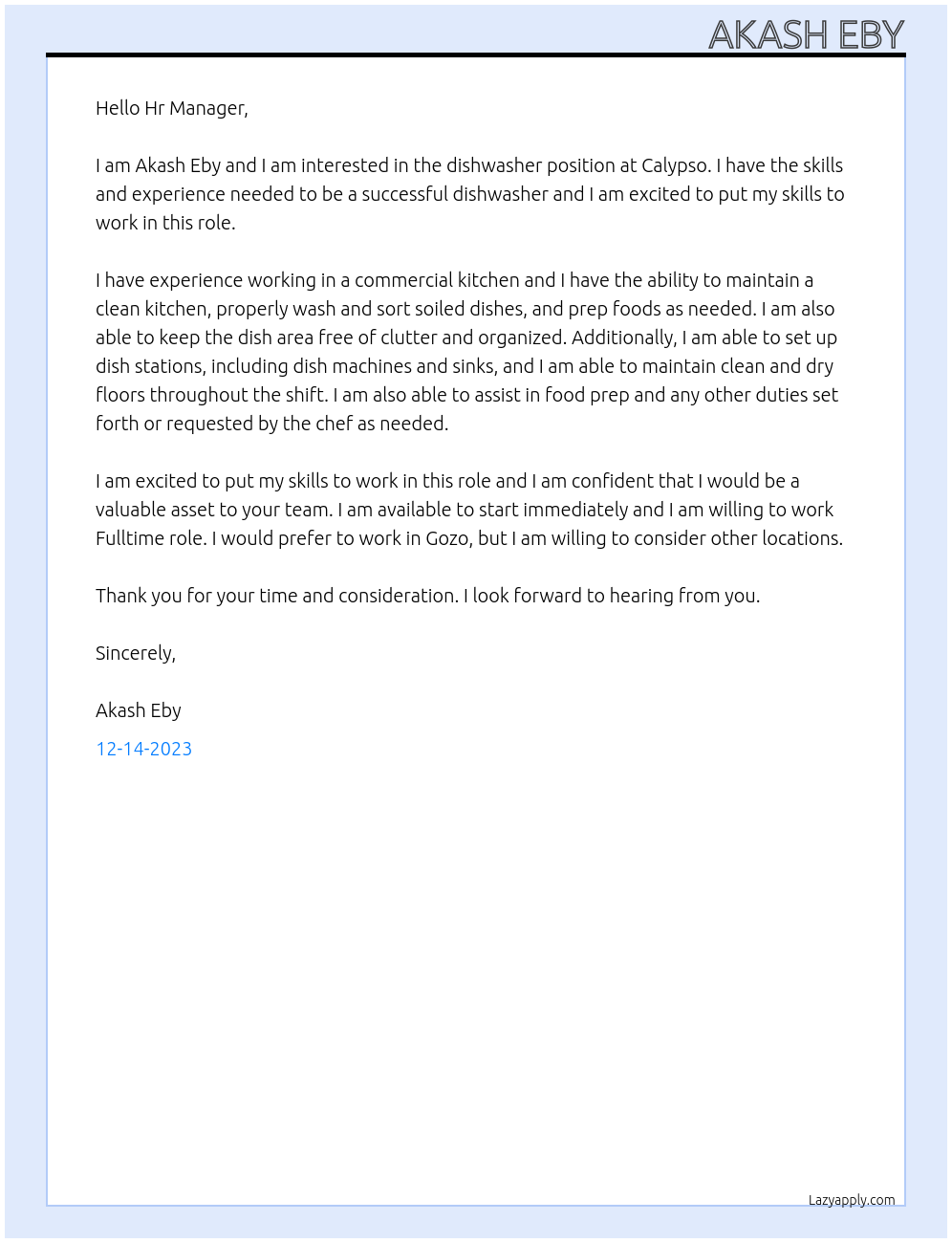 Dishwasher At Calypso Cover Letter