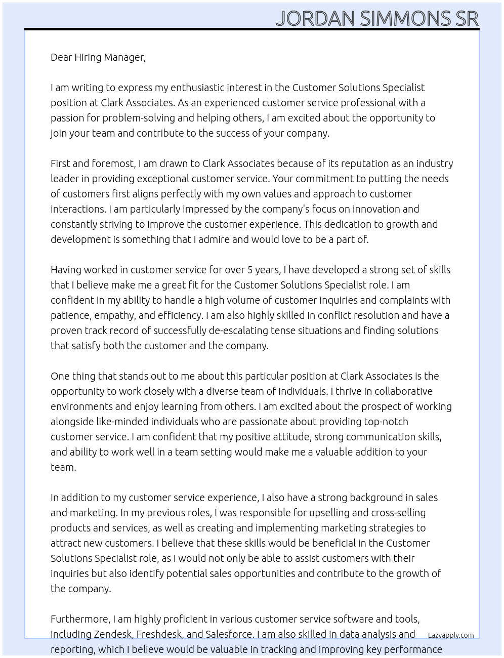 customer solutions specialist At Clark Associates Cover Letter