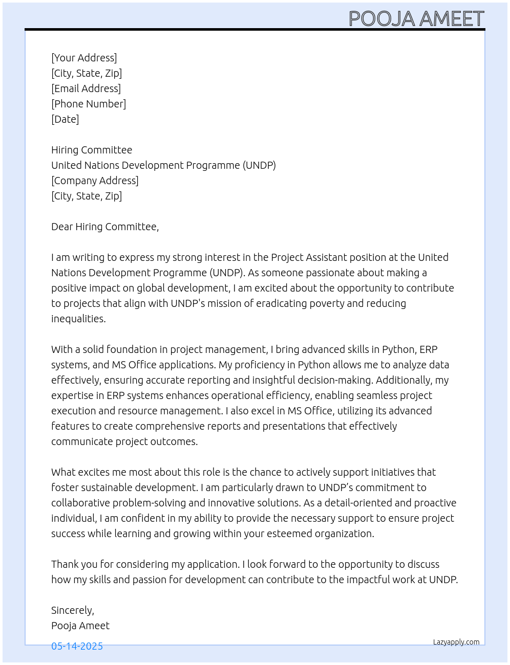 Project Assistant At United Nations Development Programme (UNDP) Cover Letter
