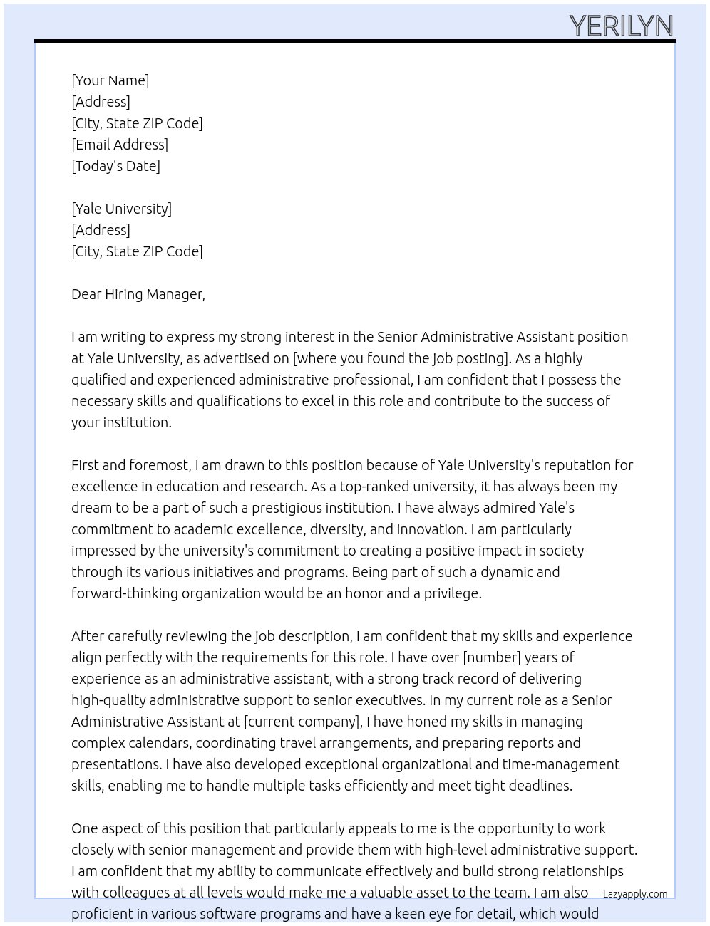 Senior Administrative Assistant At Yale University Cover Letter