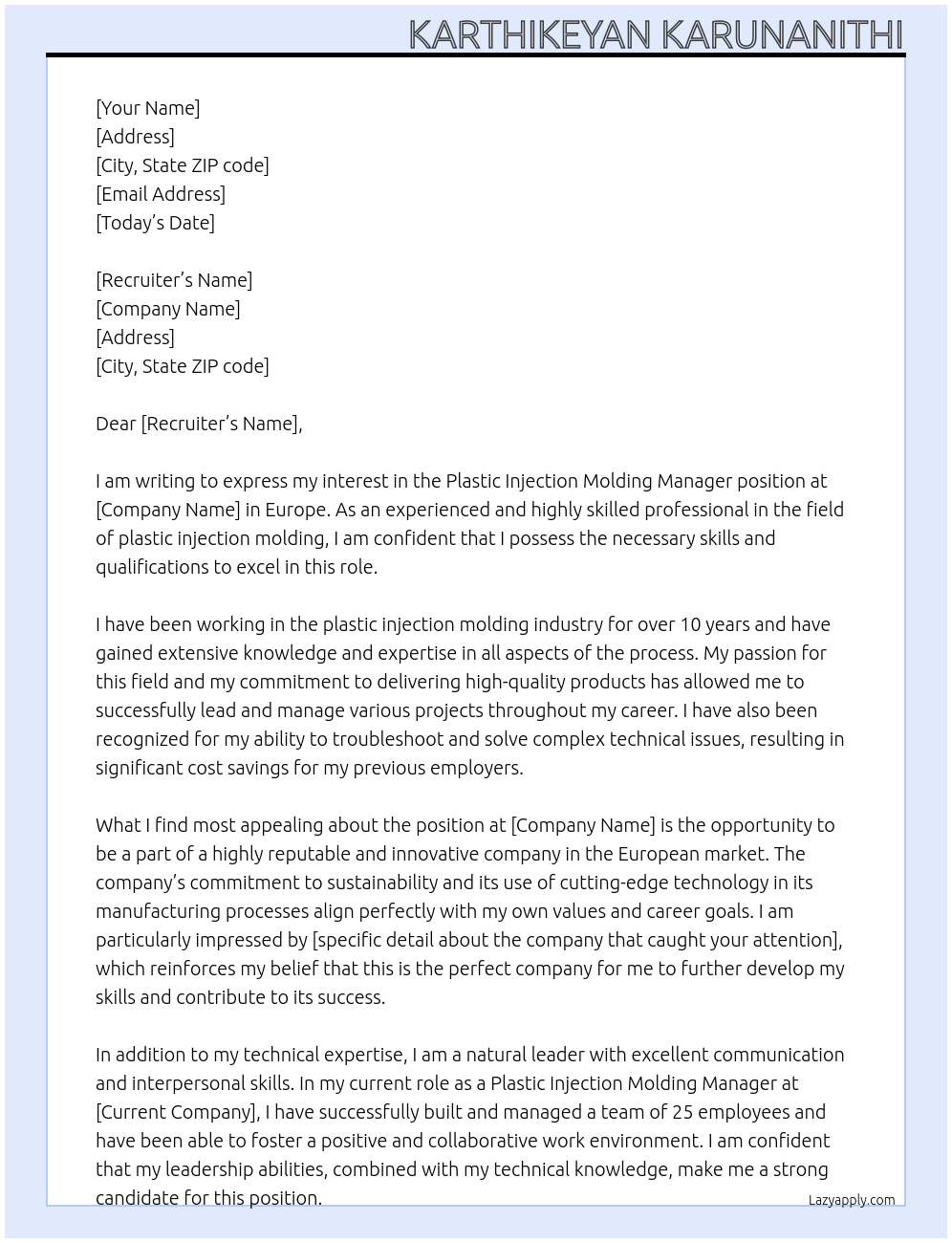 Cover letter for plastic injection molding manager - LazyApply