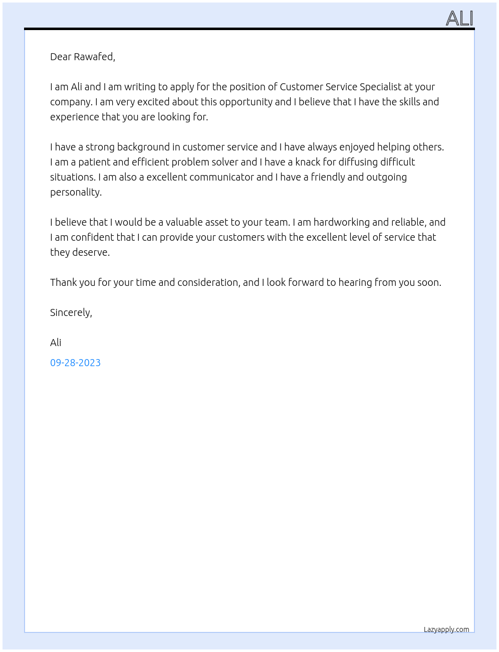 Customer service specialist At Rawafed Cover Letter