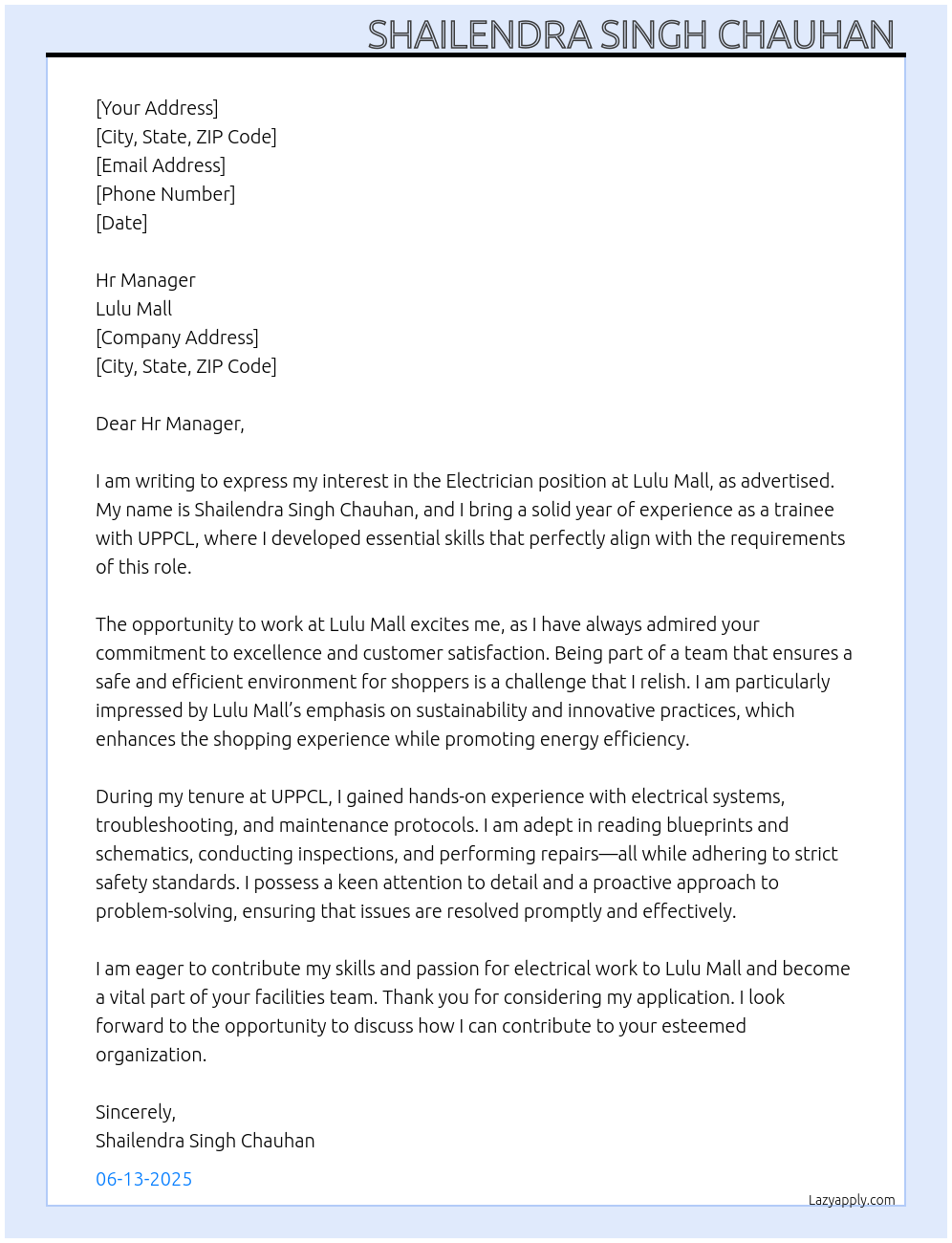 Electrician At Lulu mall Cover Letter