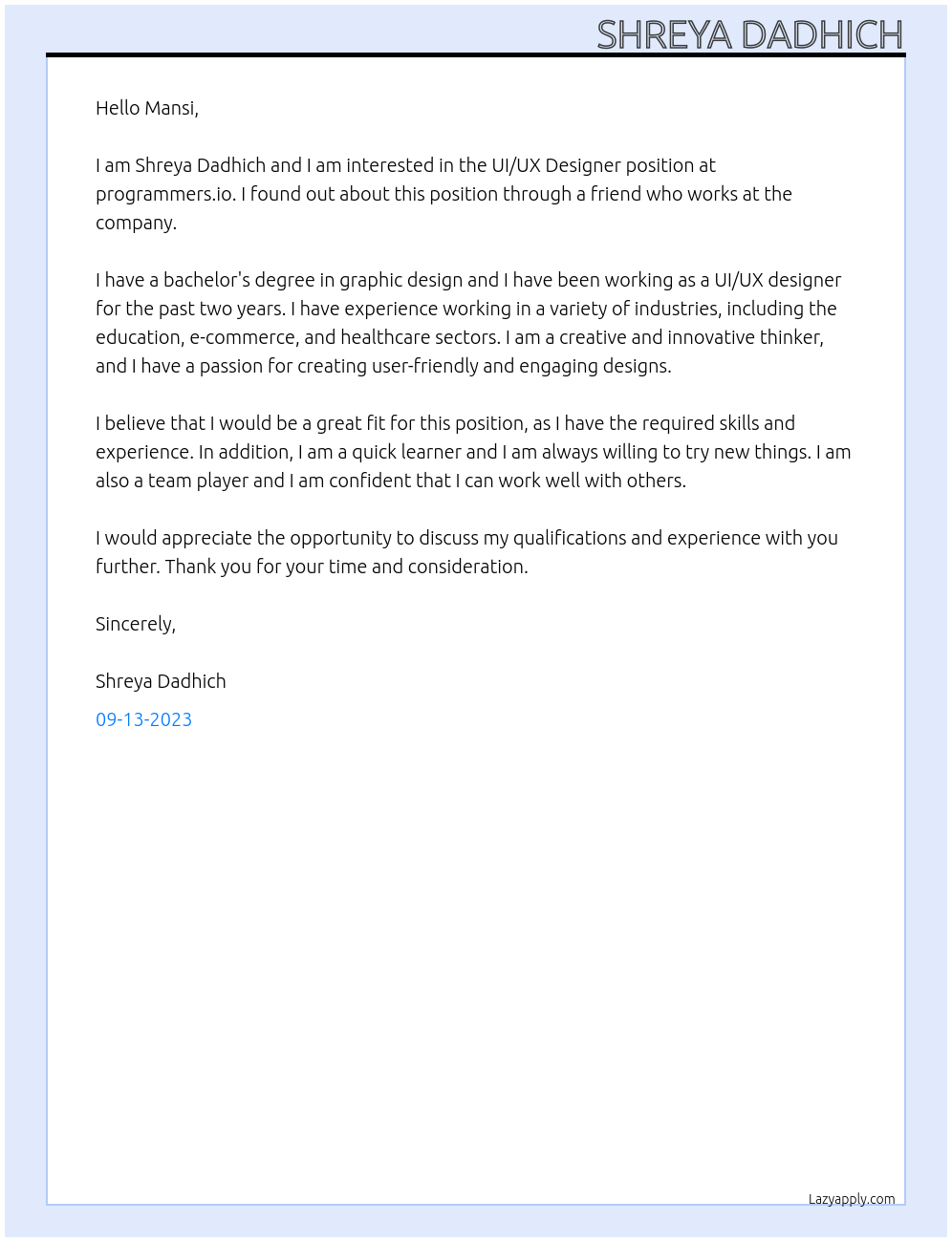 UI/UX Designer At programmers.io Cover Letter