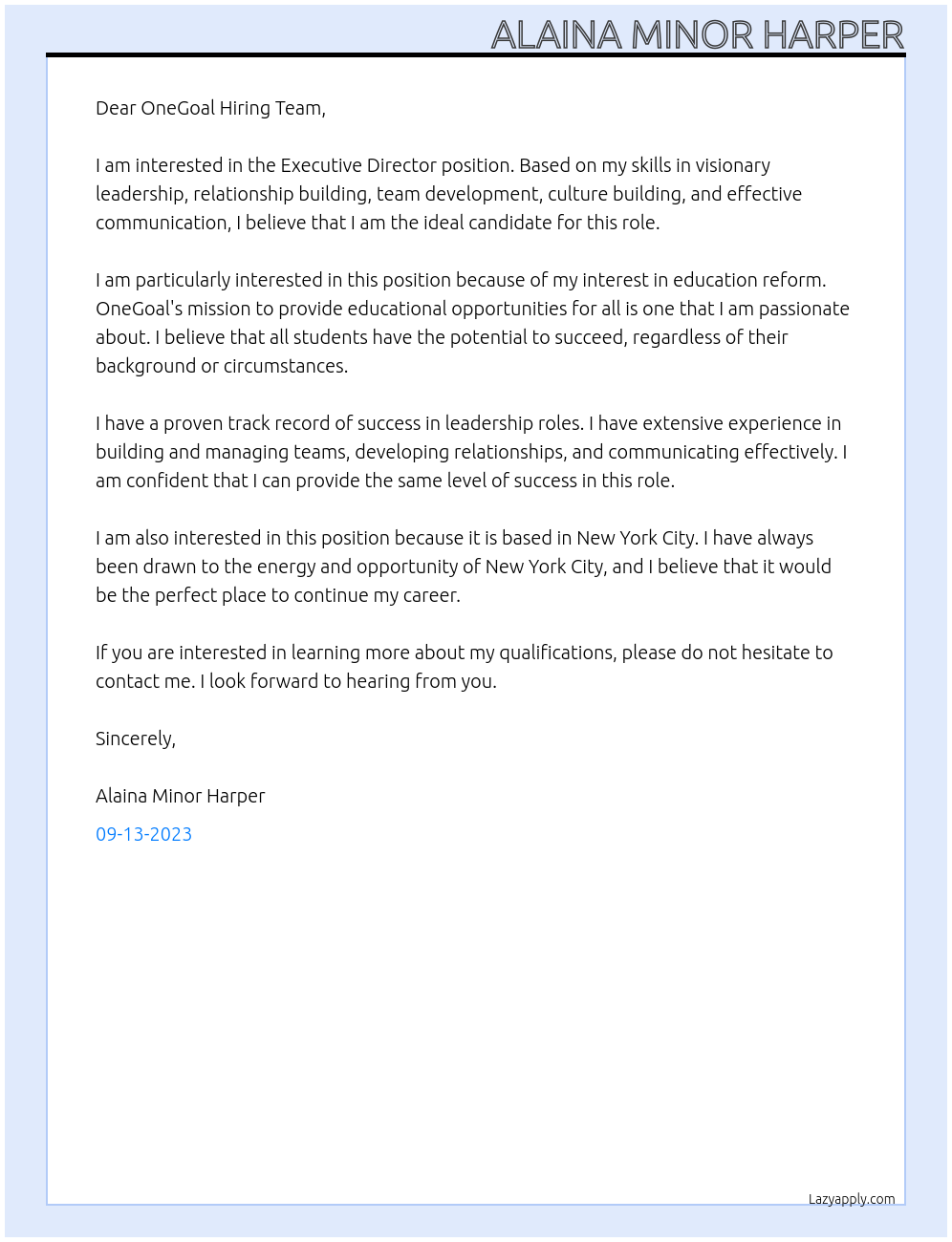 Executive Director At OneGoal Cover Letter