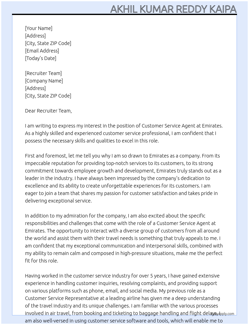 customer service agent At emirates Cover Letter