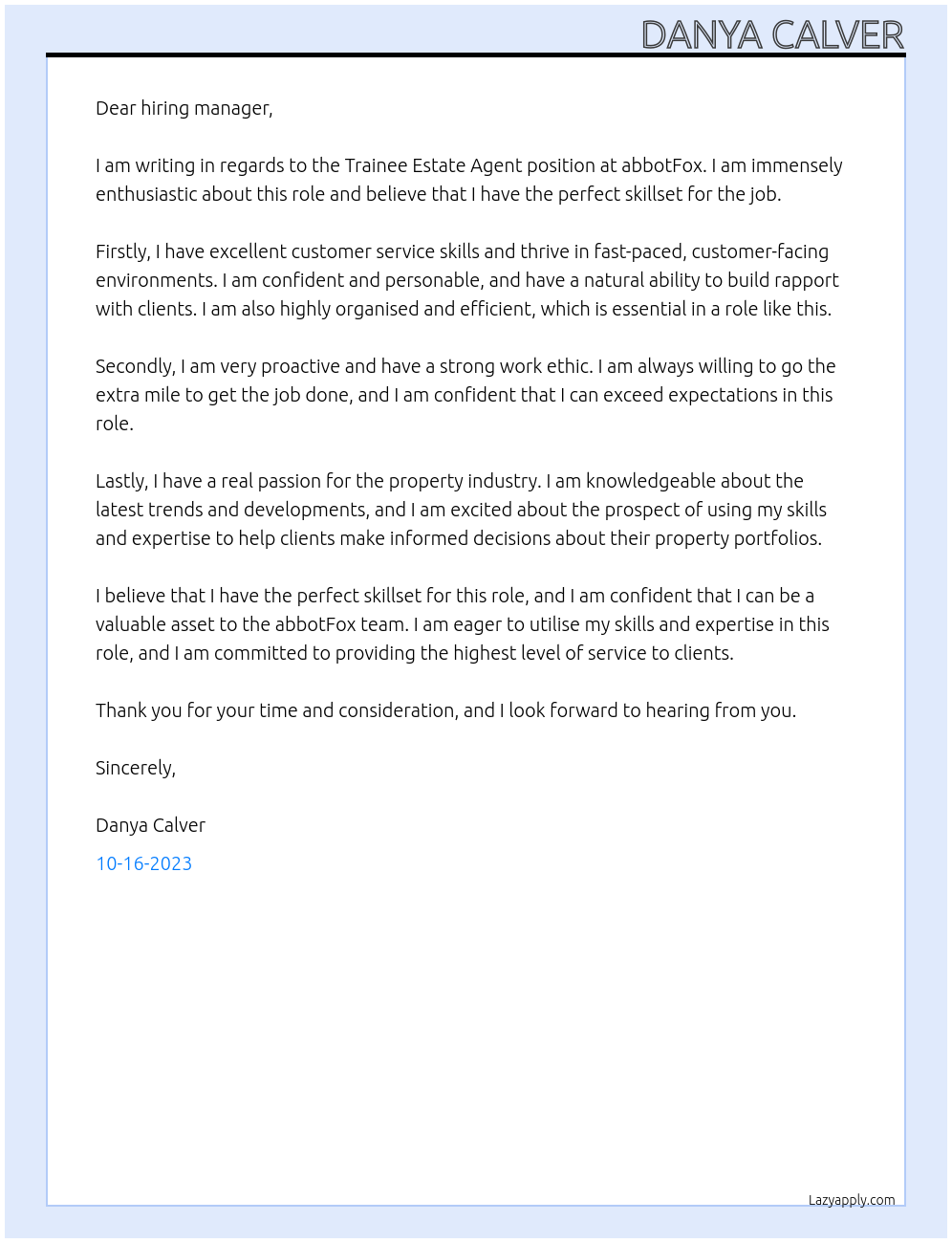 Trainee Estate Agent At abbotFox Cover Letter