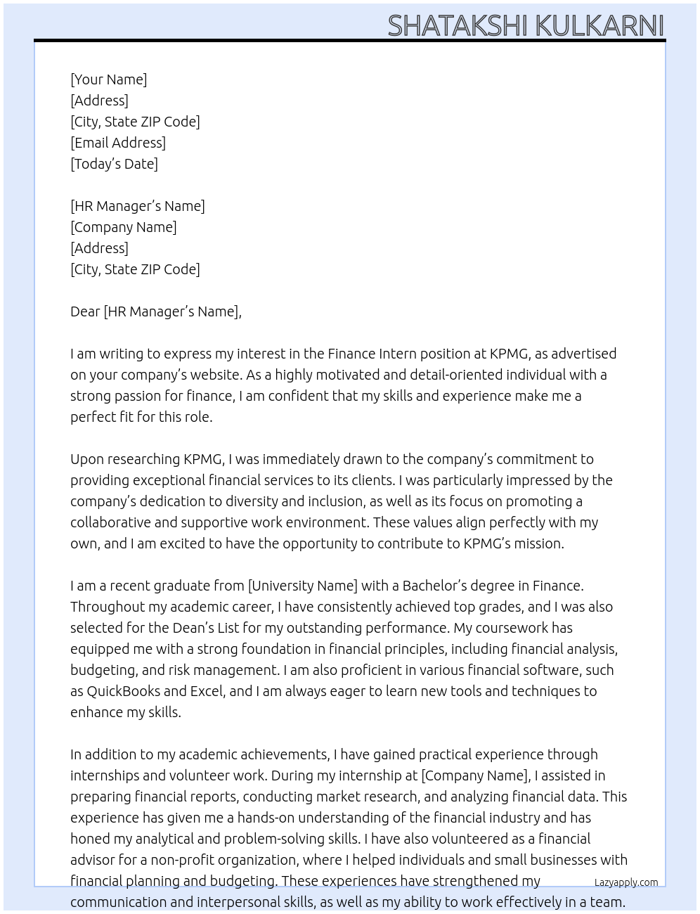 Finance Intern At kpmg Cover Letter