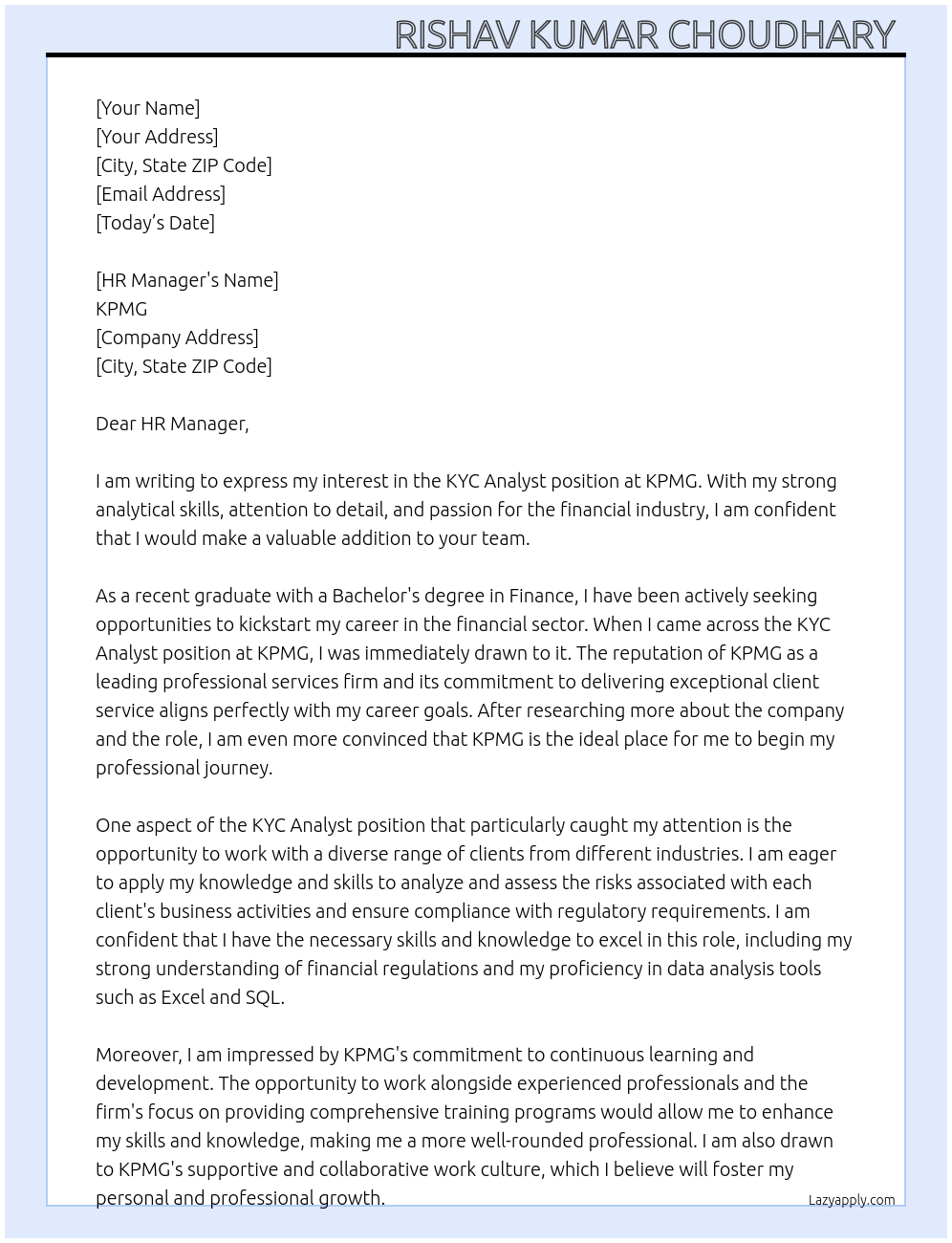 KYC Analyst  At KPMG Cover Letter