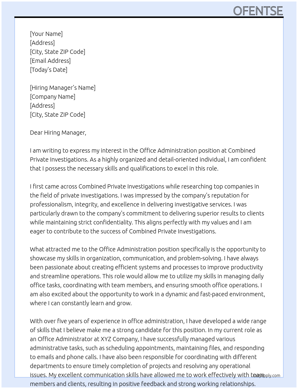 Office Administration   At Combined Private Investigations  Cover Letter