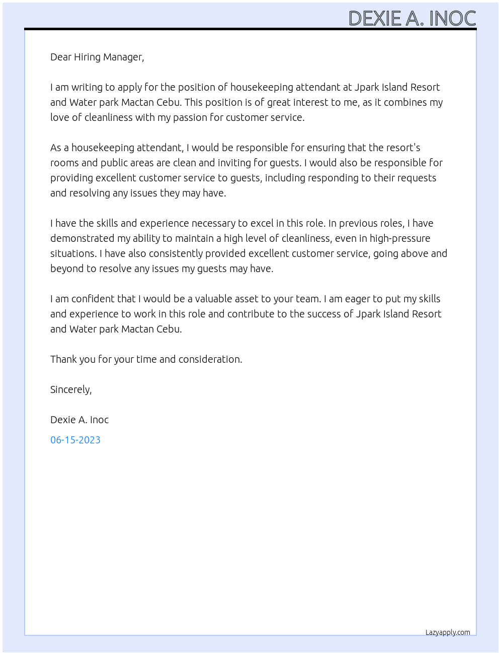 Housekeeping attendant  At Jpark Island Resort and Water park Mactan Cebu  Cover Letter