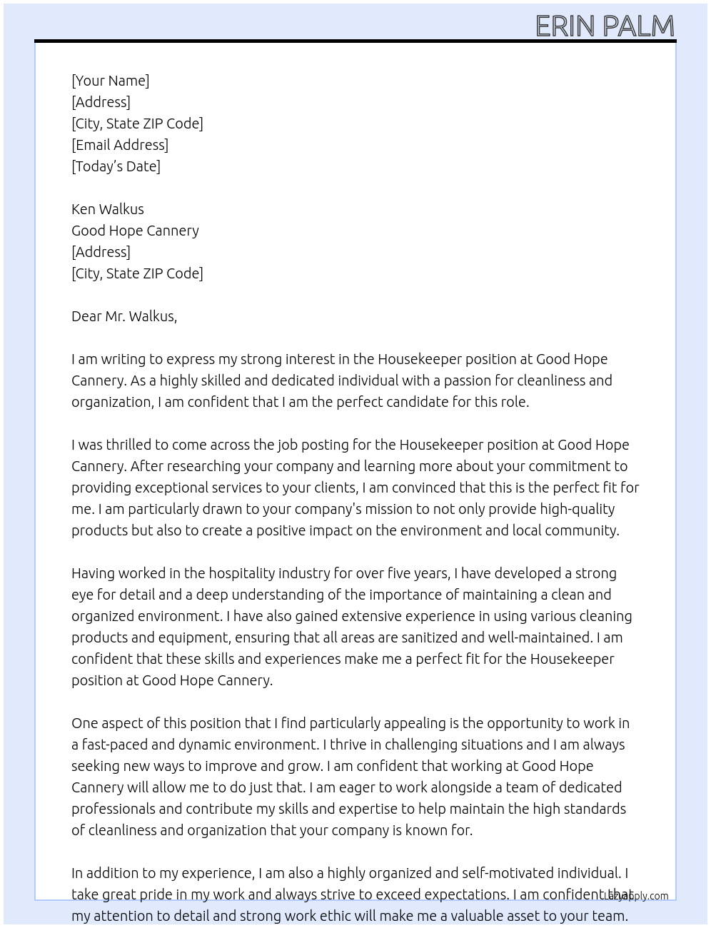 Housekeeper At Good Hope Cannery Cover Letter