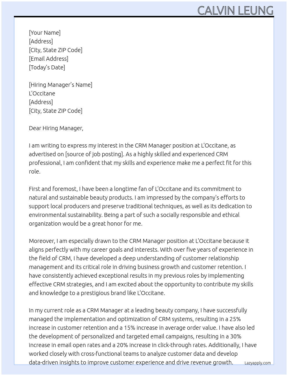 CRM Manager At L'Occitane Cover Letter
