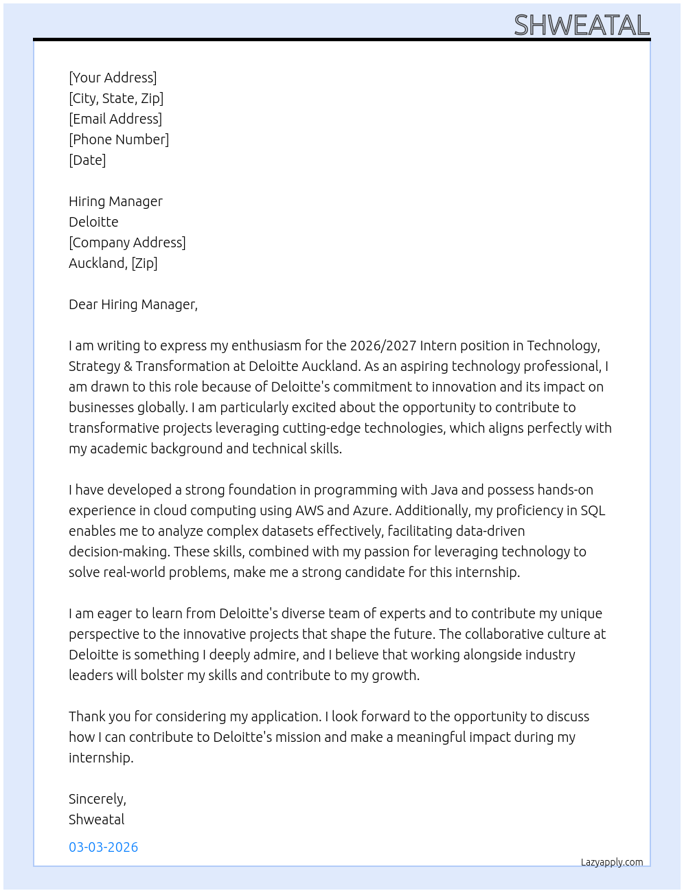 2026/2027 Intern | Technology, Strategy & Transformation | Auckland At Deloitte Cover Letter