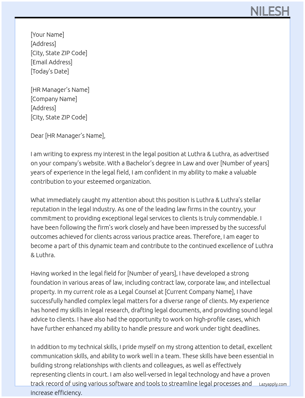 legal At Luthra & luthra Cover Letter