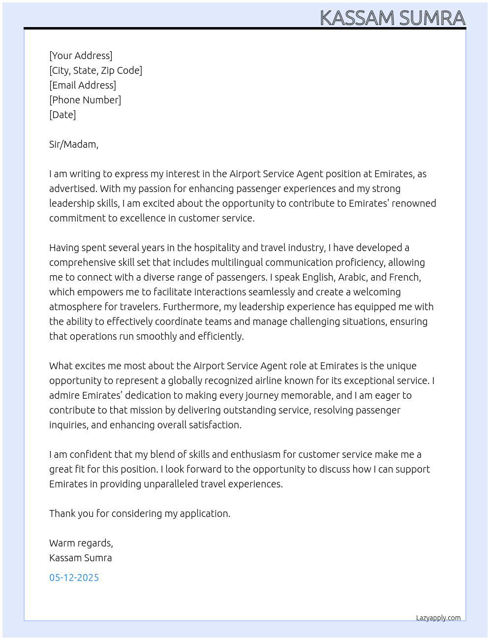 Airport service agent At Emirates Cover Letter