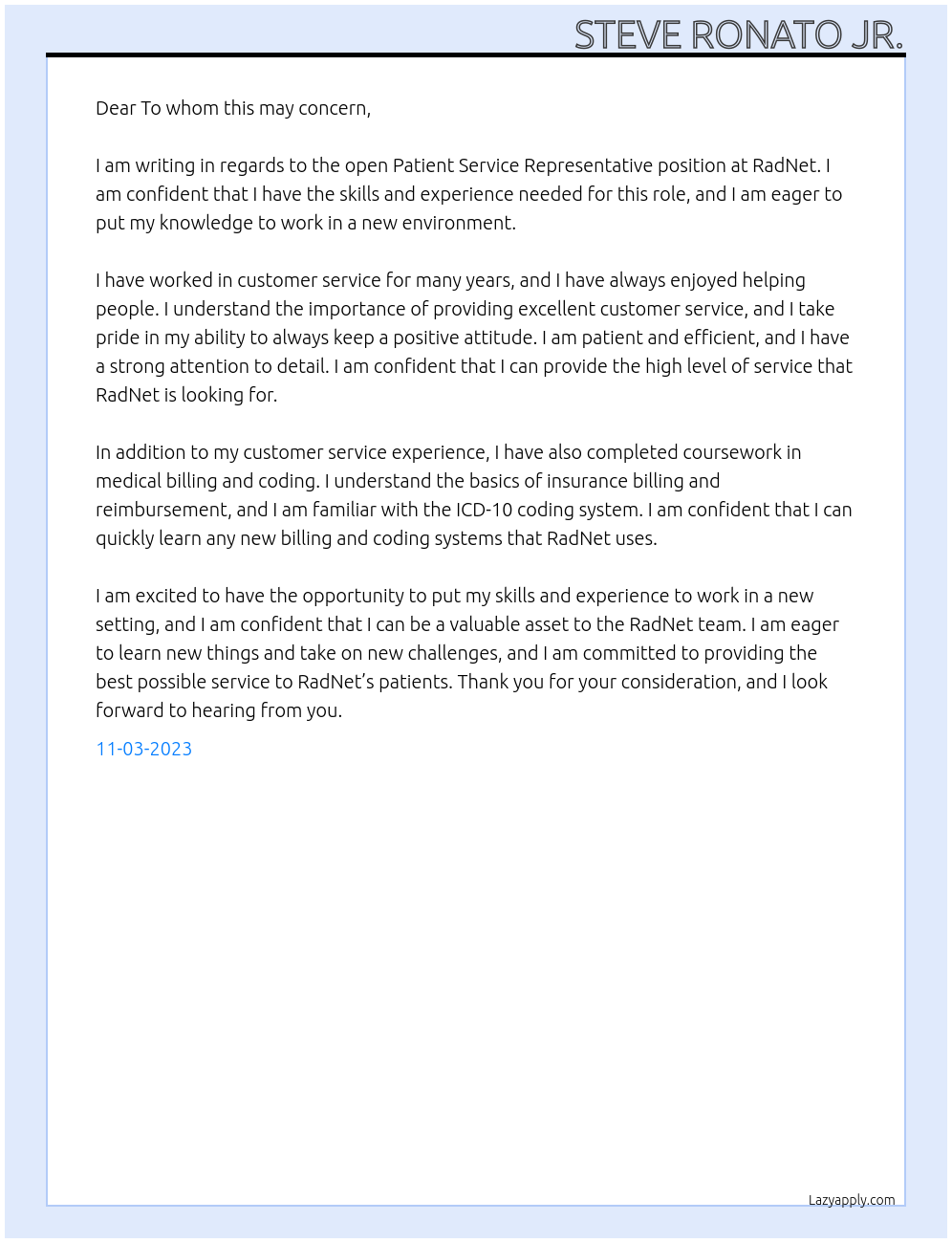 Patient Service Representative At RadNet Cover Letter
