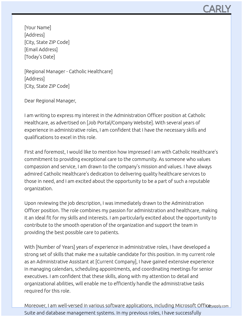 Administration Officer At Catholic Healthcare Cover Letter