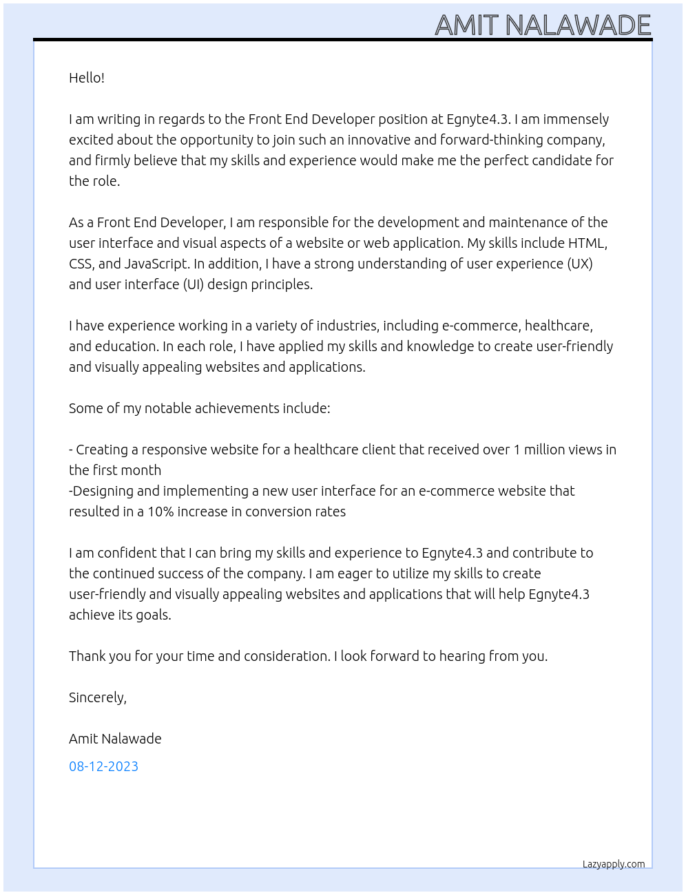 front end developer At Egnyte4.3 Cover Letter