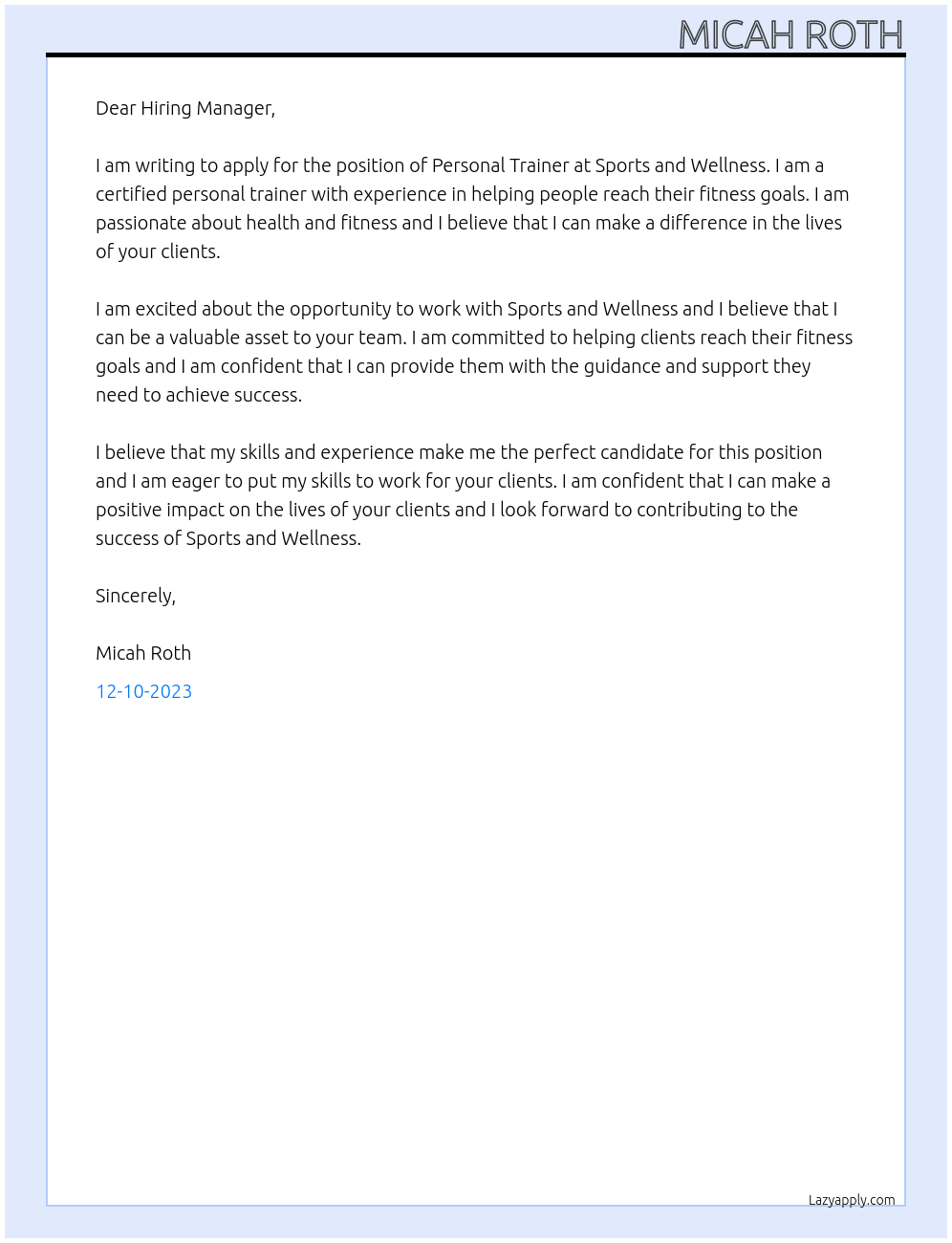 Personal Trainer At Sports and Wellness Cover Letter