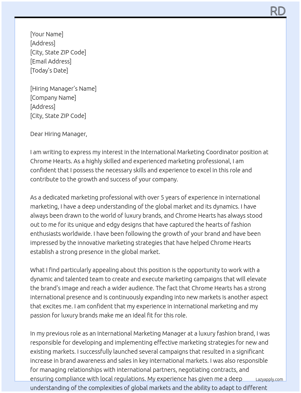 Cover letter for international marketing coordinator - LazyApply