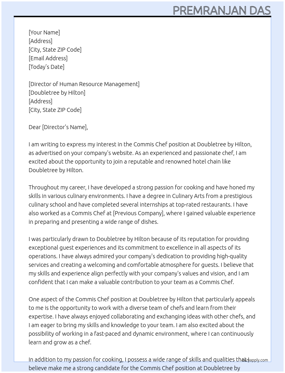 Commis chef At Doubletree by hilton Cover Letter