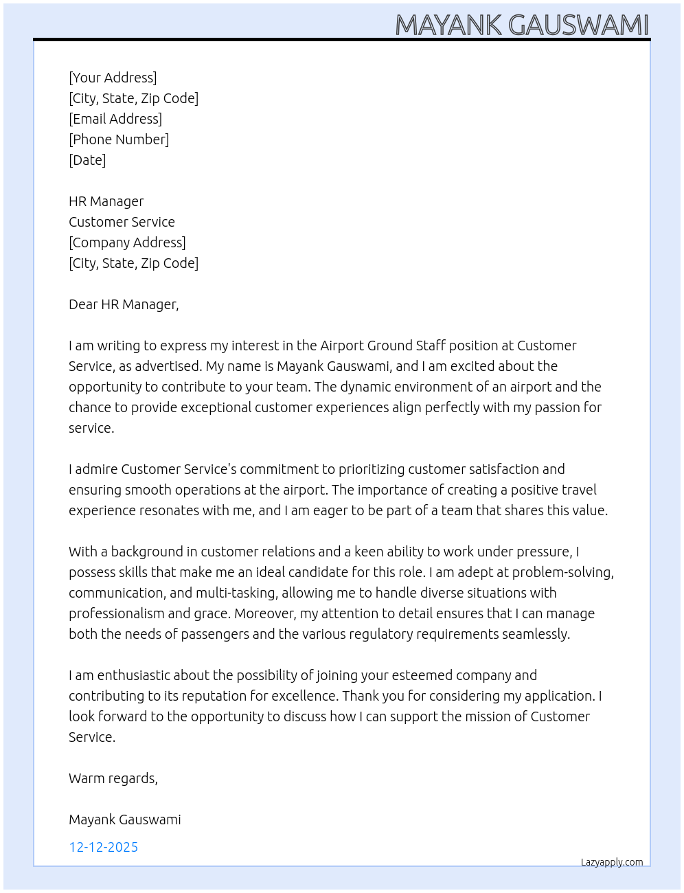 Cover letter for airport ground staff - LazyApply