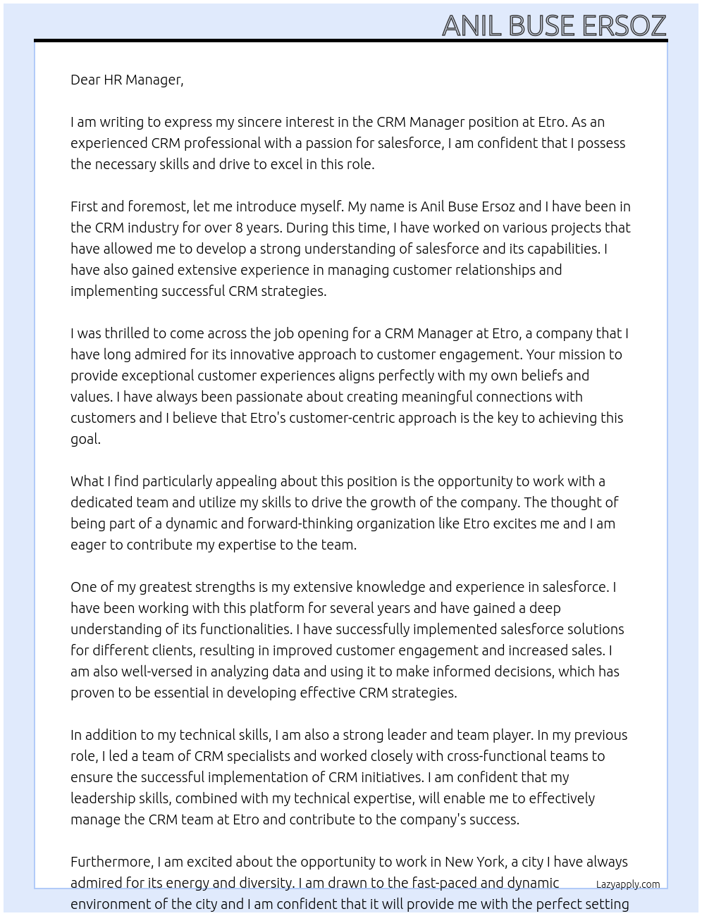 crm manager At Etro Cover Letter