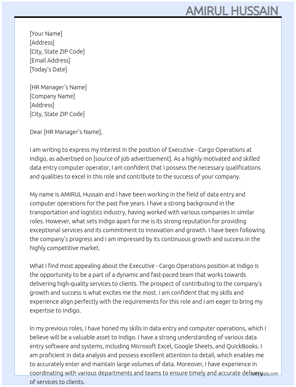 Executive - Cargo Operations At Indigo  Cover Letter