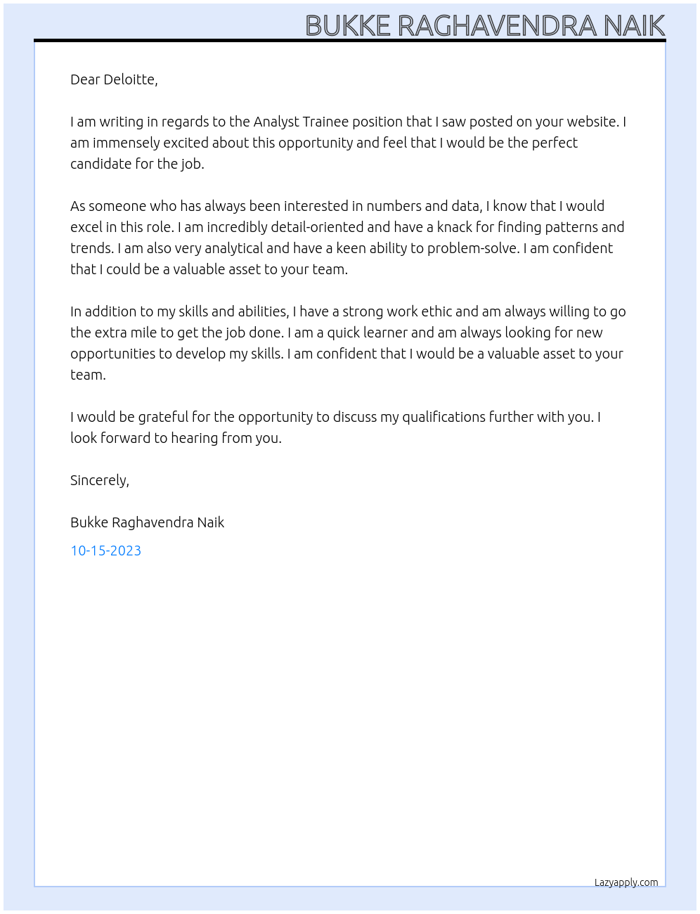 analyst trainee At analyst trainee Cover Letter