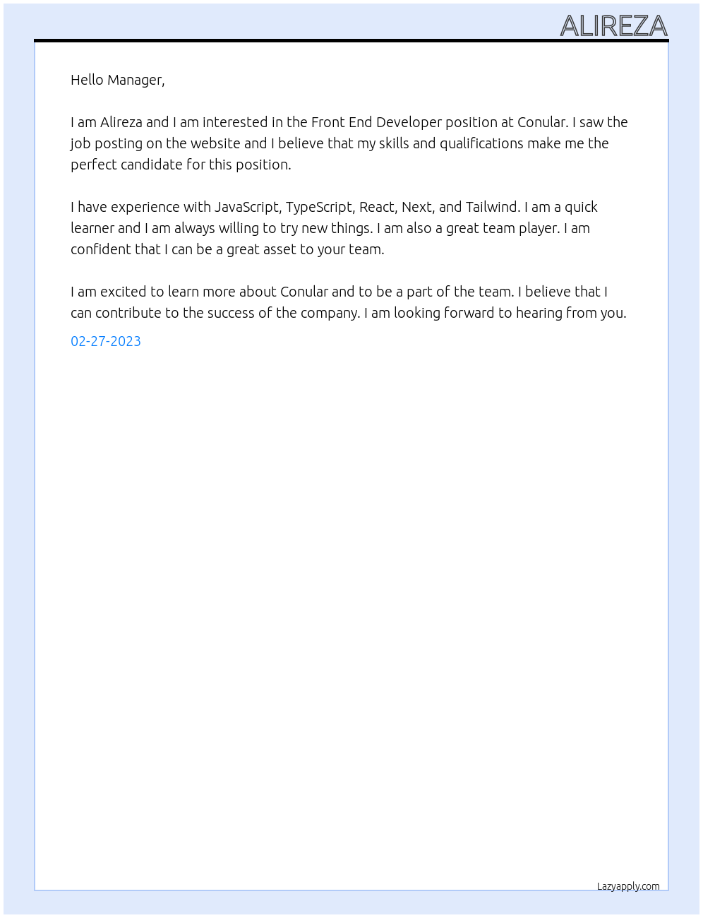 Front End Developer At Concular Cover Letter