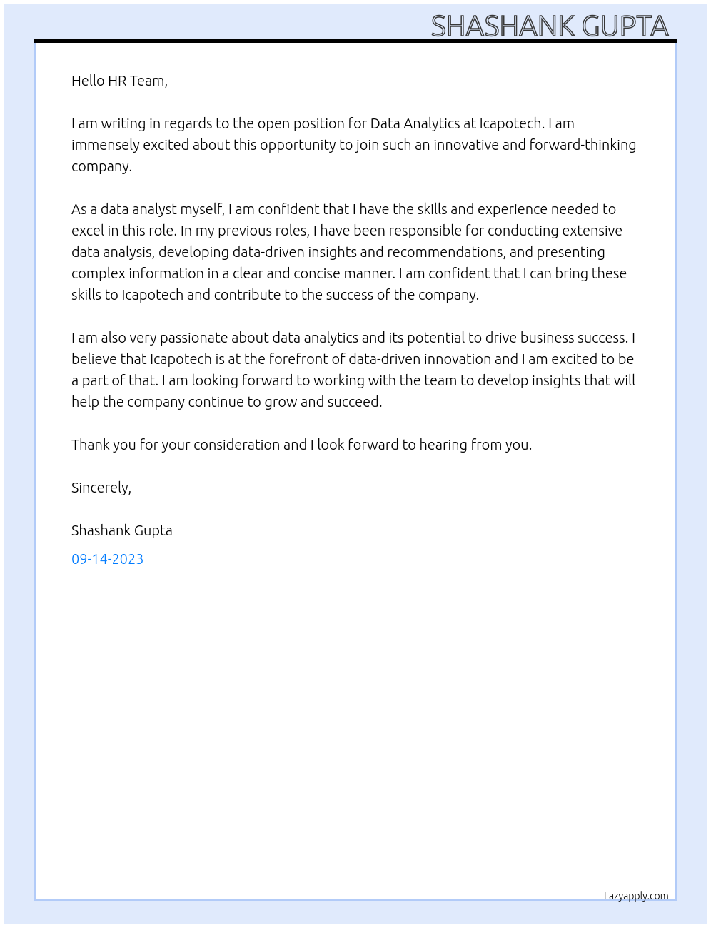 Data analytics  At Icapotech Cover Letter